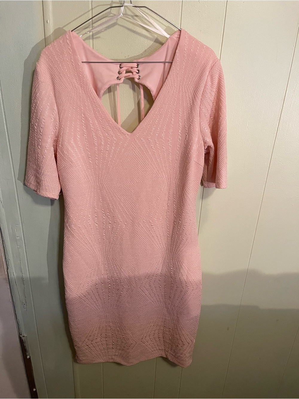 Premier Pink Textured V-Neck Mini Dress with Lace-Up Back
